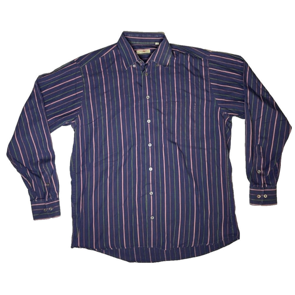 Burberry London Mens L Button Down Dress Shirt Indigo Pink Green Striped Cotton